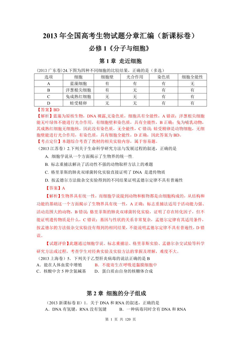 2013年全国各地高考生物试题分章汇编汇总_第1页