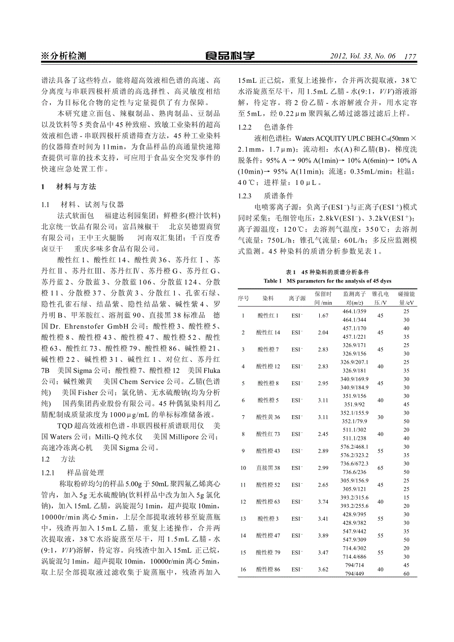 超高效液相色谱——串联四极杆质谱法快速筛查食品中的45 种工业染料_第2页