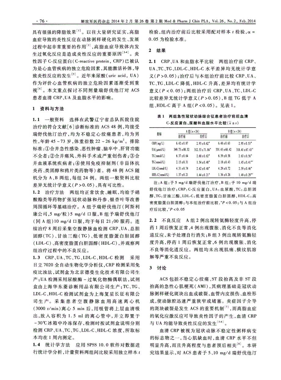 不同剂量瑞舒伐他汀对急性冠状动脉综合征患者血清C-反应蛋白、尿酸和血脂水平的影响_第2页