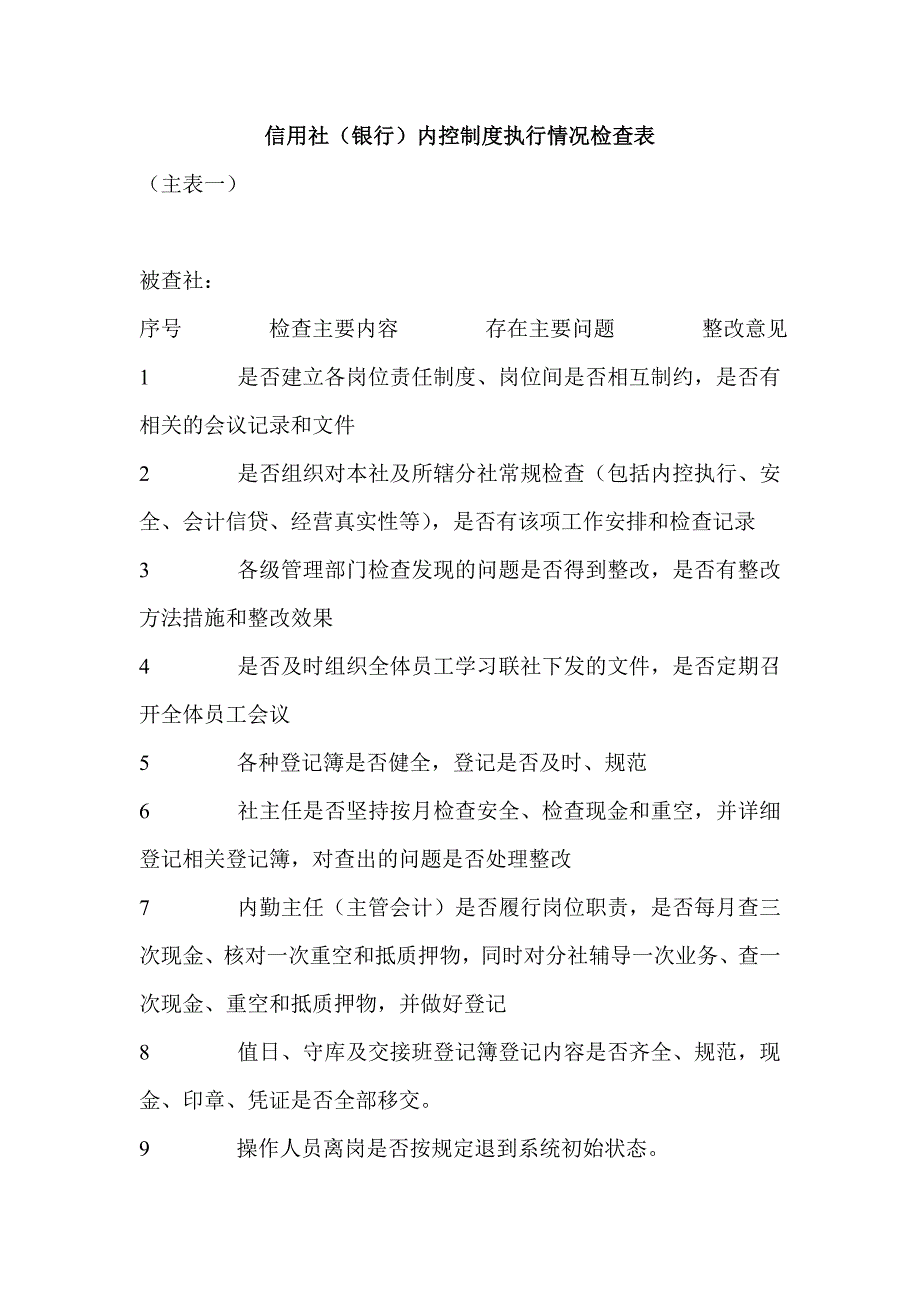 信用社（银行）内控制度执行情况检查表_第1页