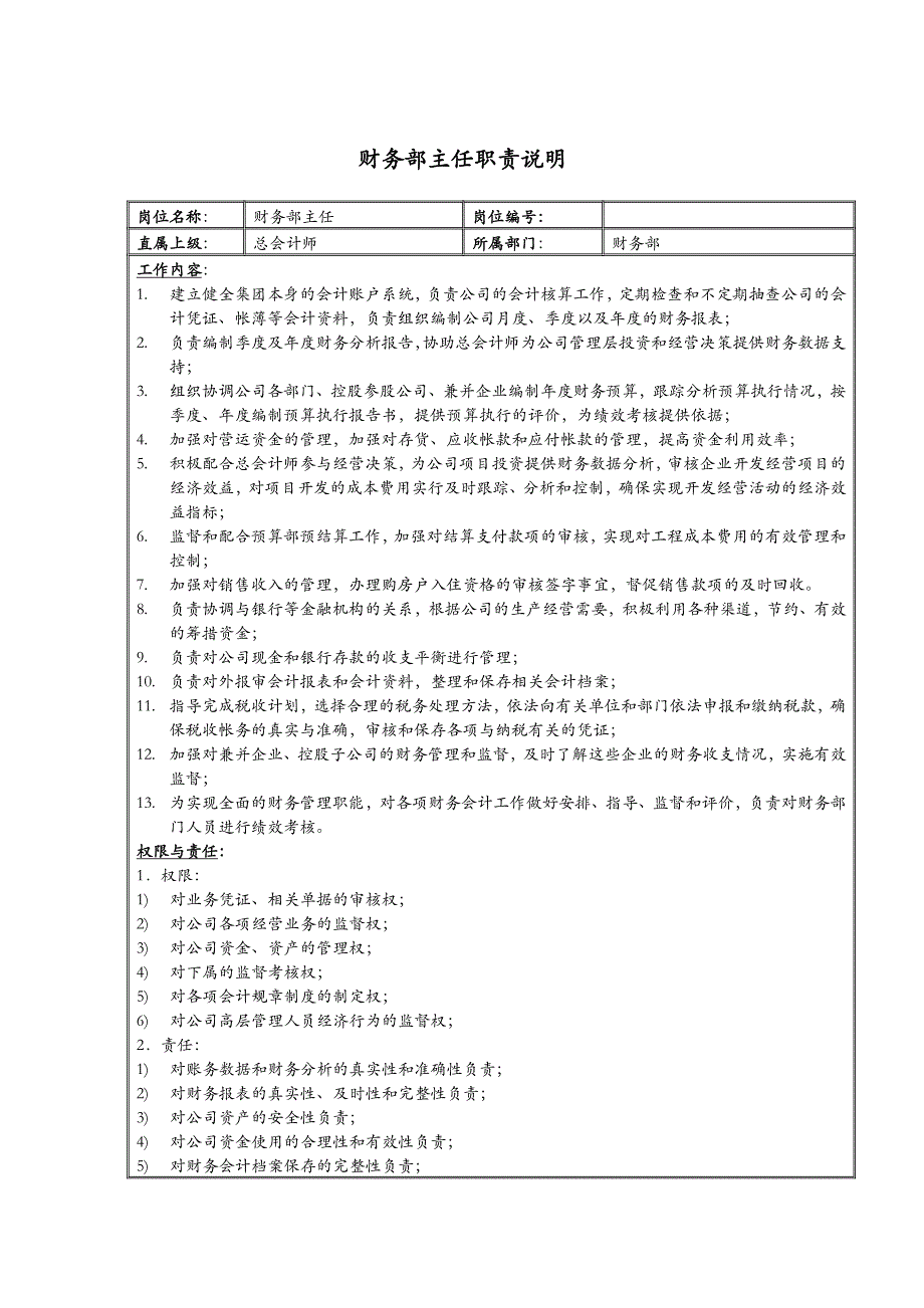 XX置地公司财务部主任职责说明书_第1页