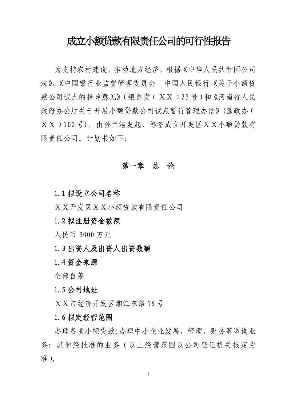 成立小额贷款有限责任公司的可行性报告_第1页