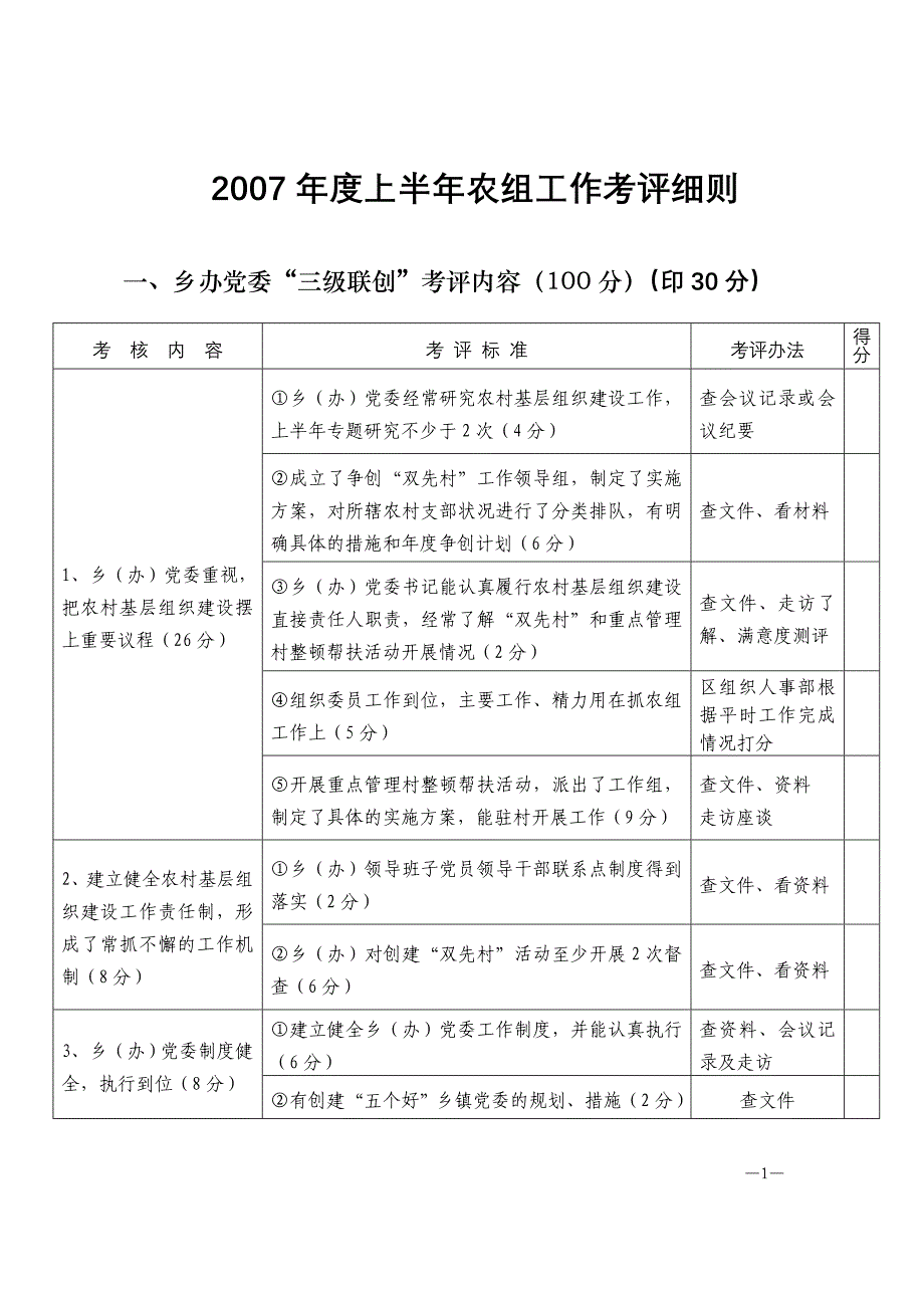 2007年度上半年农组工作考评细则_第1页