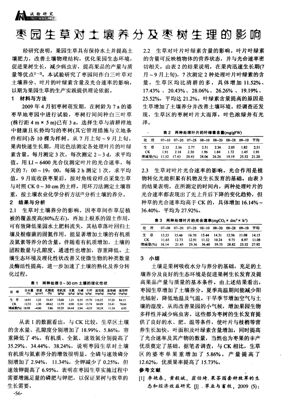 枣园生草对土壤养分及枣树生理的影响_第1页