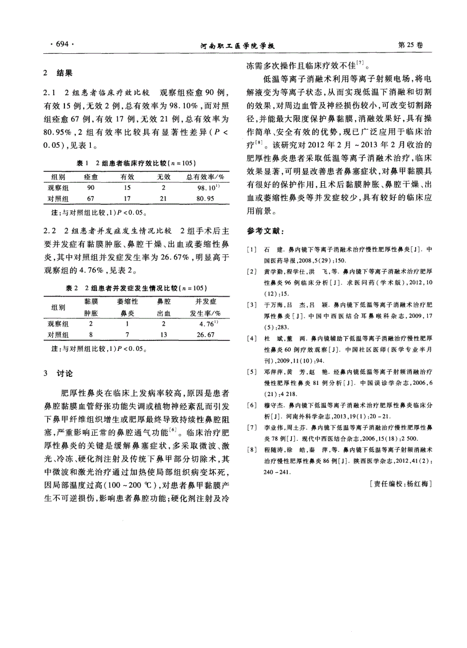 鼻内镜下低温等离子消融术治疗肥厚性鼻炎临床分析_第2页