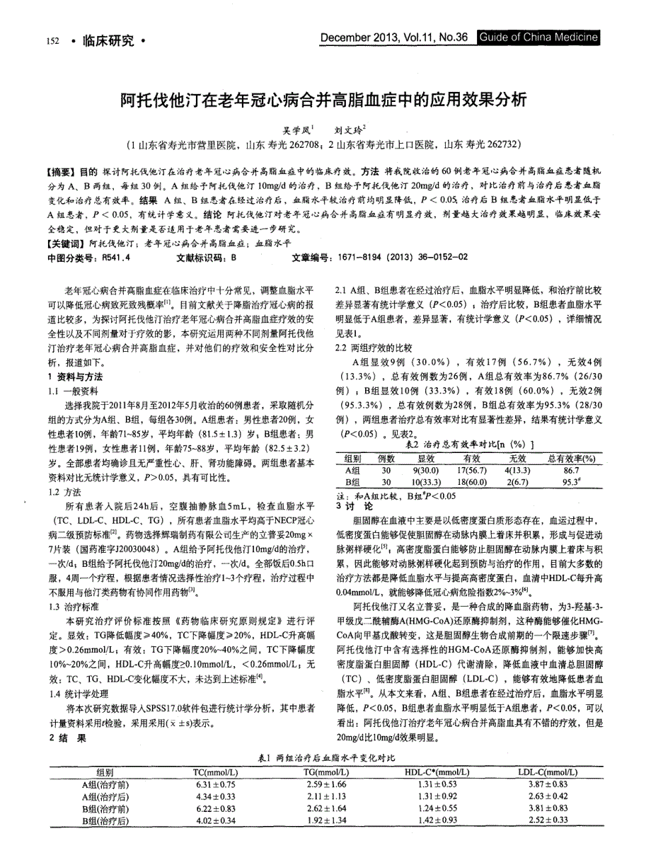 阿托伐他汀在老年冠心病合并高脂血症中的应用效果分析_第1页