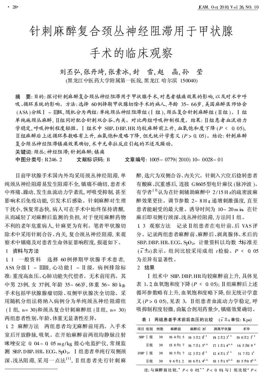 针刺麻醉复合颈丛神经阻滞用于甲状腺手术的临床观察_第1页