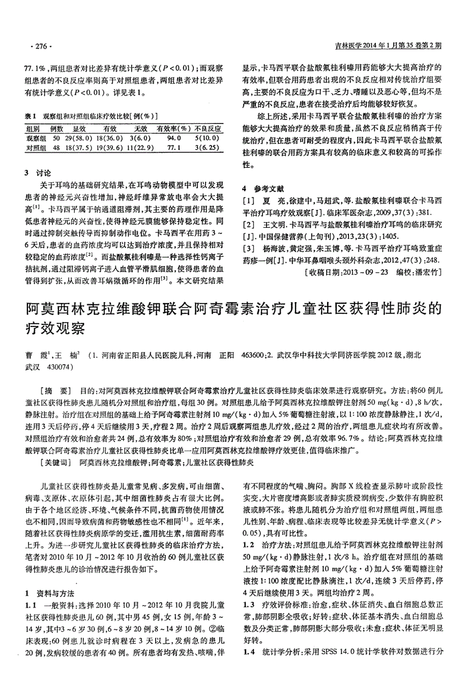 阿莫西林克拉维酸钾联合阿奇霉素治疗儿童社区获得性肺炎的疗效观察_第1页