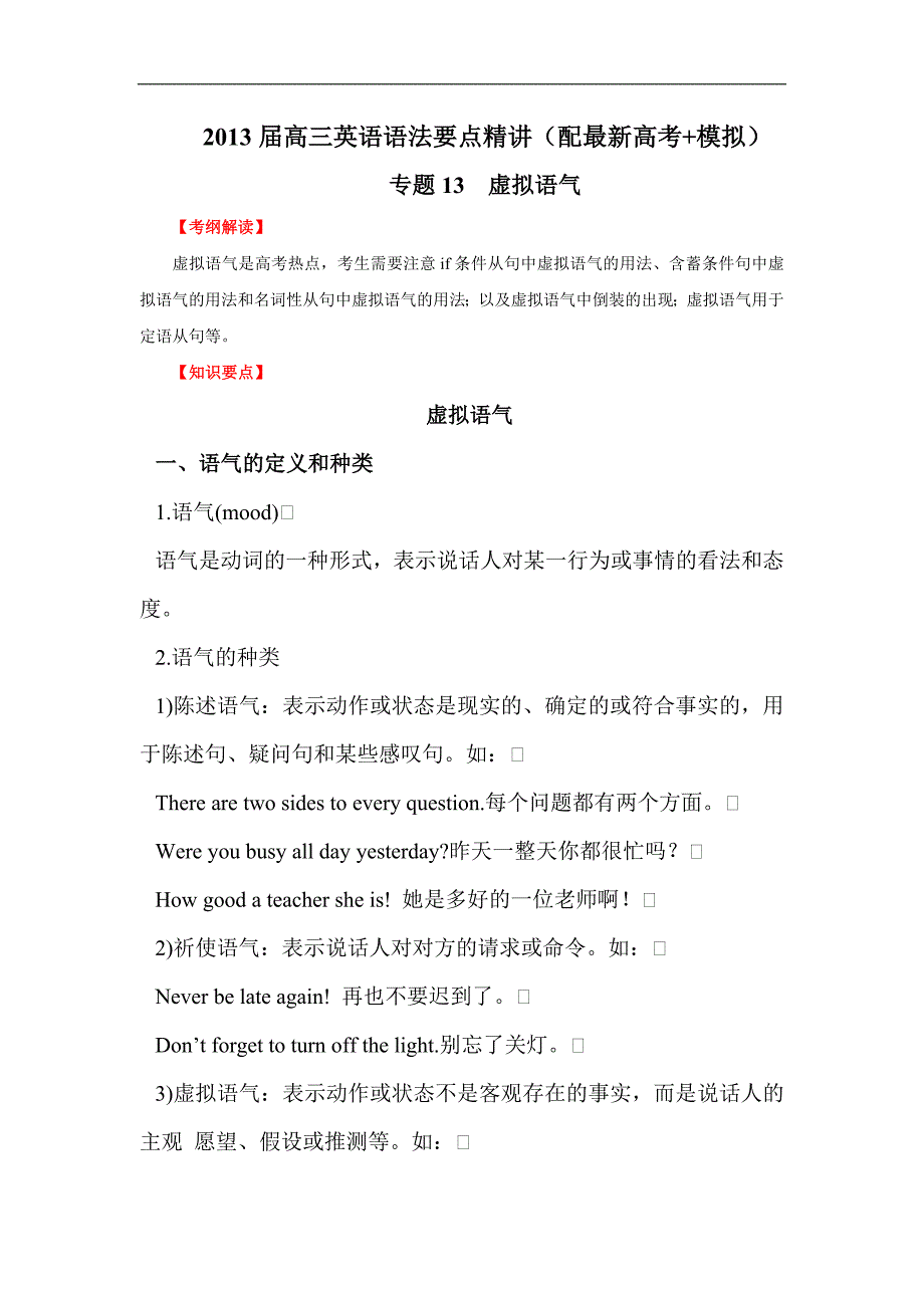 【中学教案】2013届高三英语语法要点精讲-专题13 虚拟语气教案_第1页