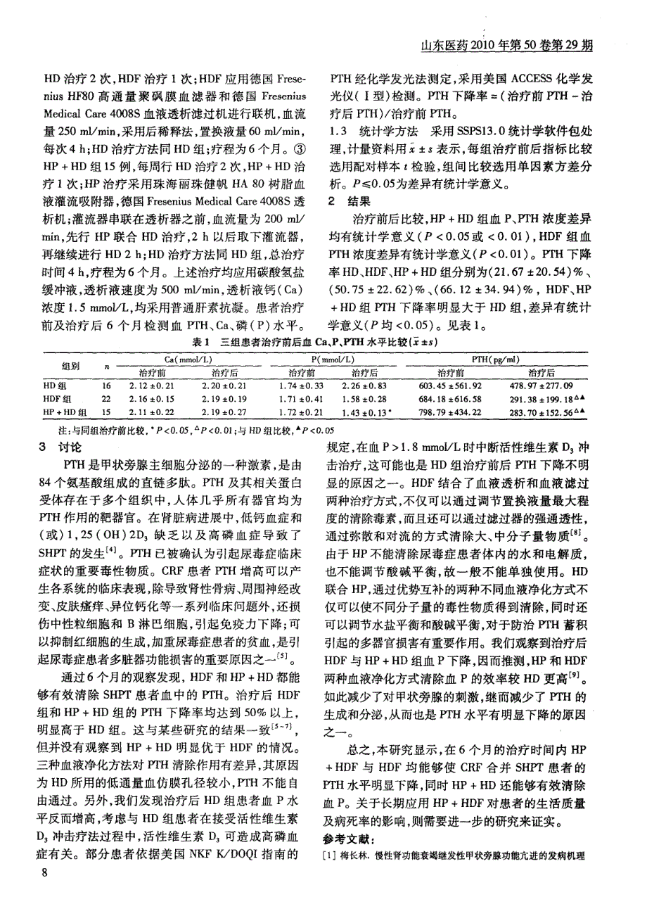 不同血液净化方法对肾衰合并继发性甲状旁腺功能亢进患者血清甲状旁腺激素水平的影响_第2页