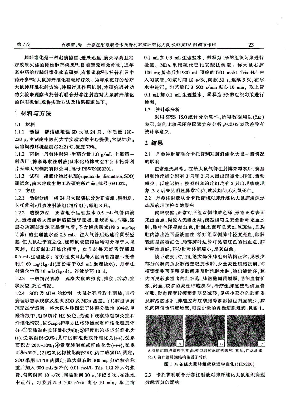 丹参注射液联合卡托普利对肺纤维化大鼠SOD、MDA的调节作用_第2页