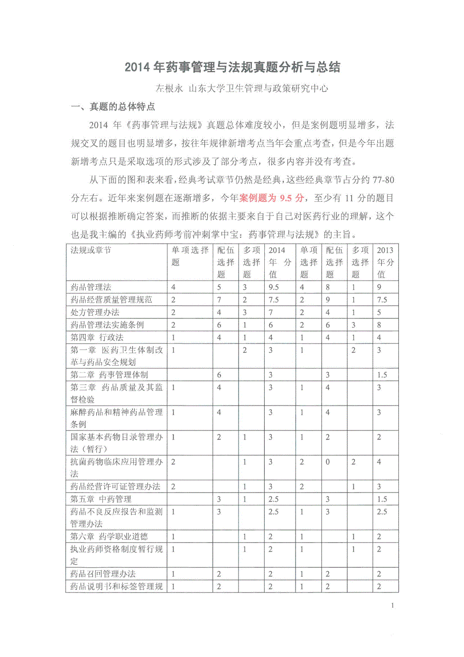 2014年执业药师药事管理与法规真题分析及答案(分析部分左根永版权所有)_第1页