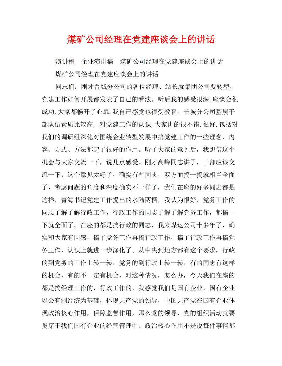 煤矿公司经理在党建座谈会上的讲话_第1页