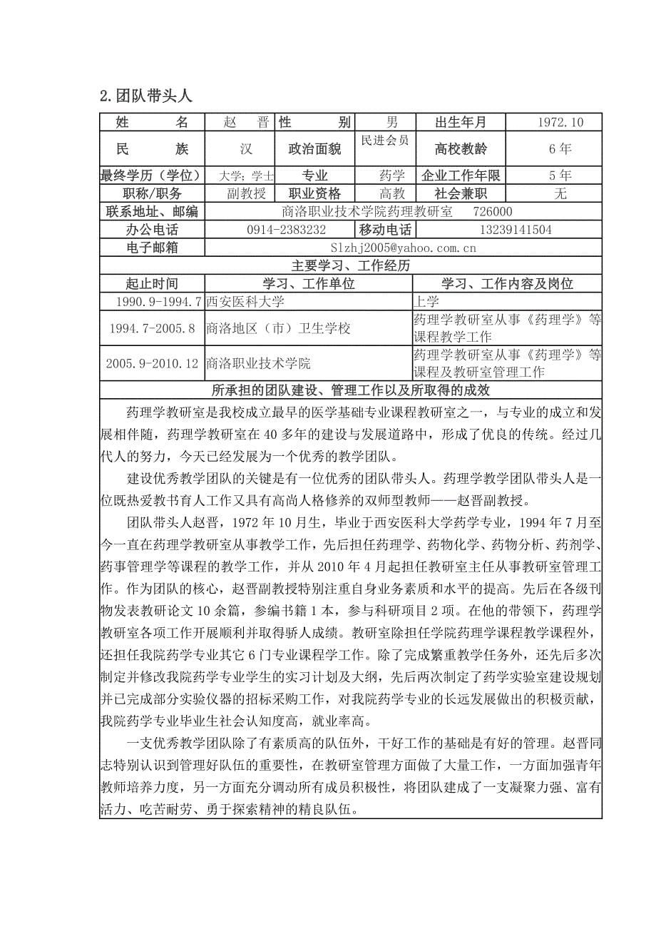 商洛职业技术学院药理学优秀教学团队申报表_第5页