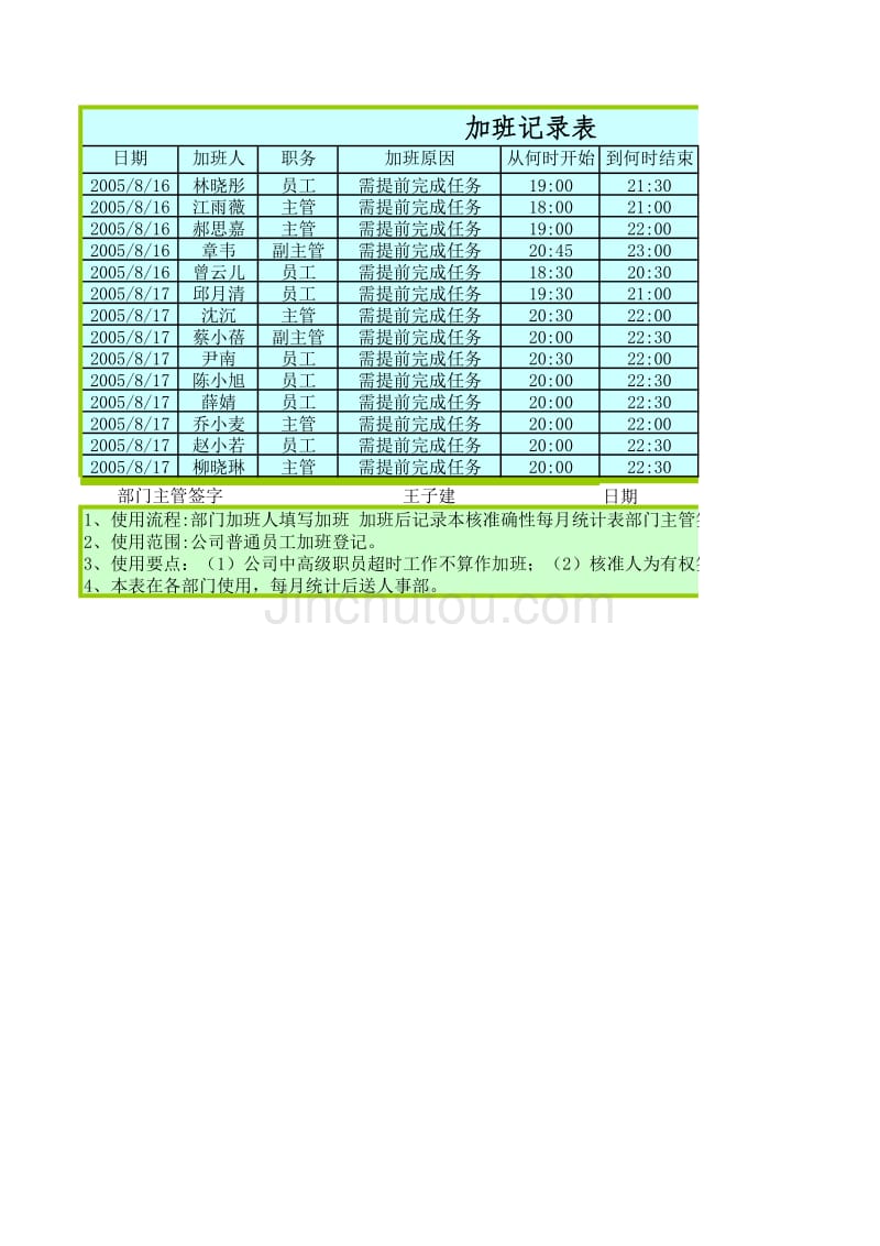 加班记录表（EXCEL模板）(001)_第1页