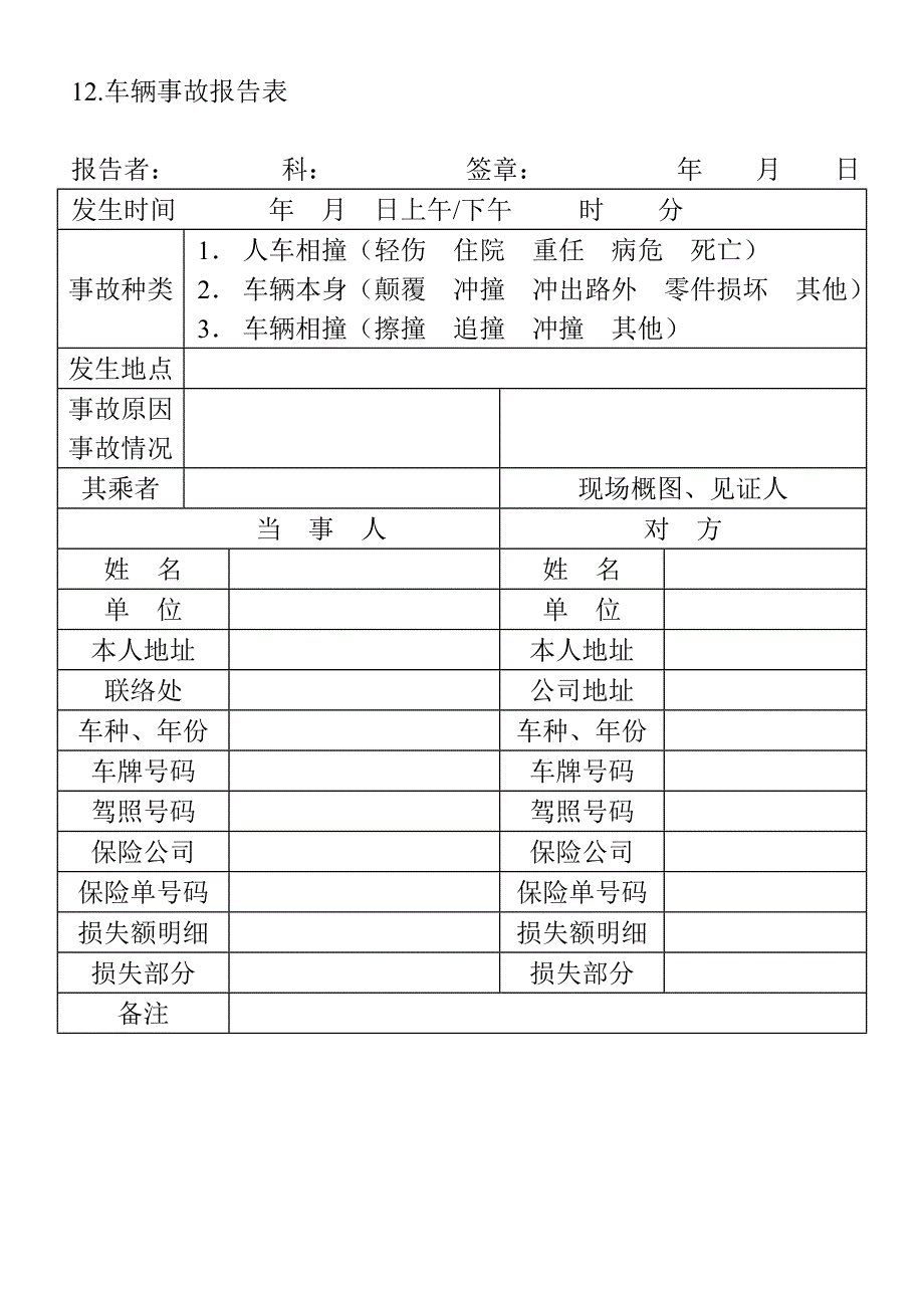 车辆事故报告表（WORD模板）_第1页