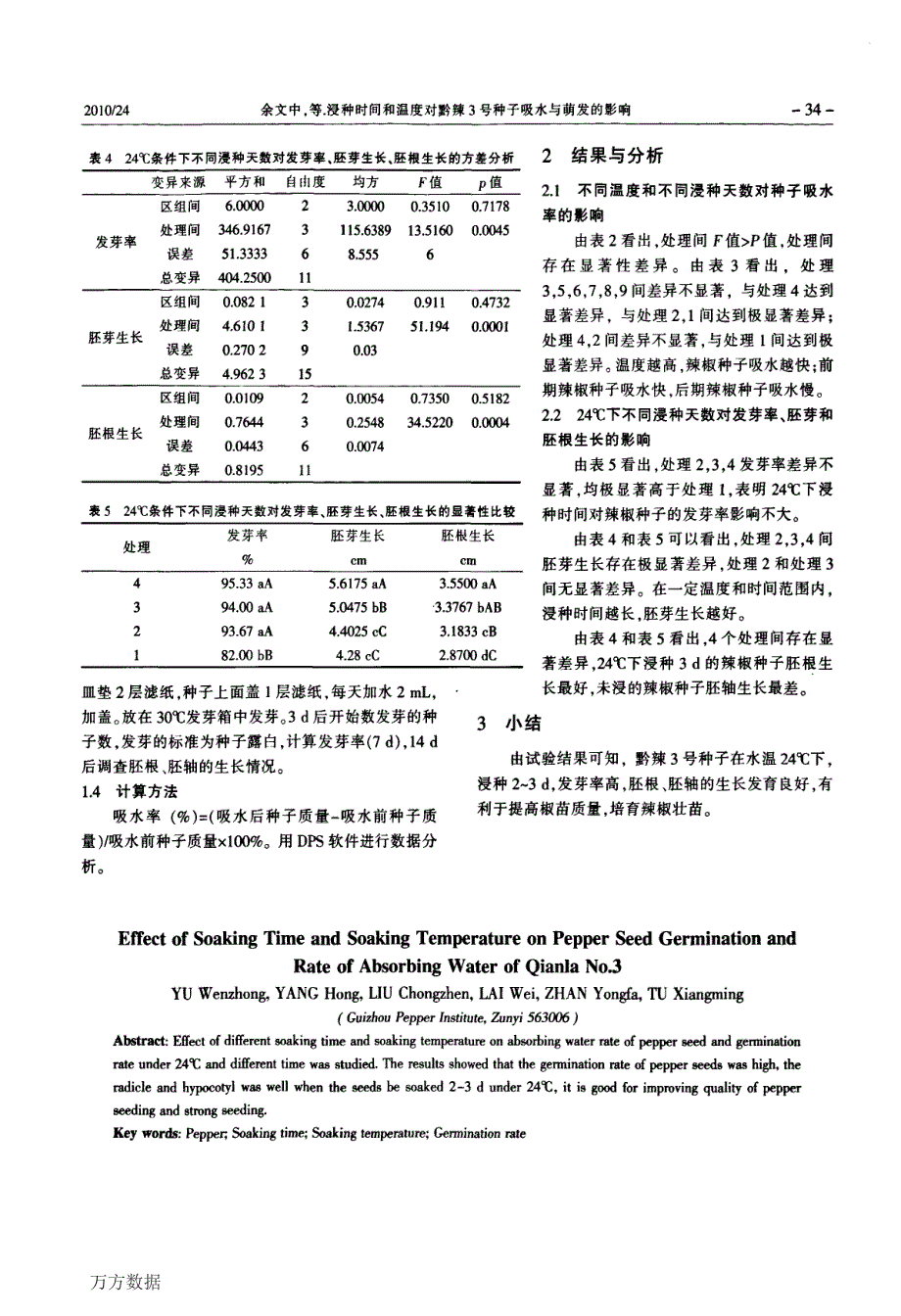 浸种时间和温度对黔辣3号种子吸水与萌发的影响_第2页