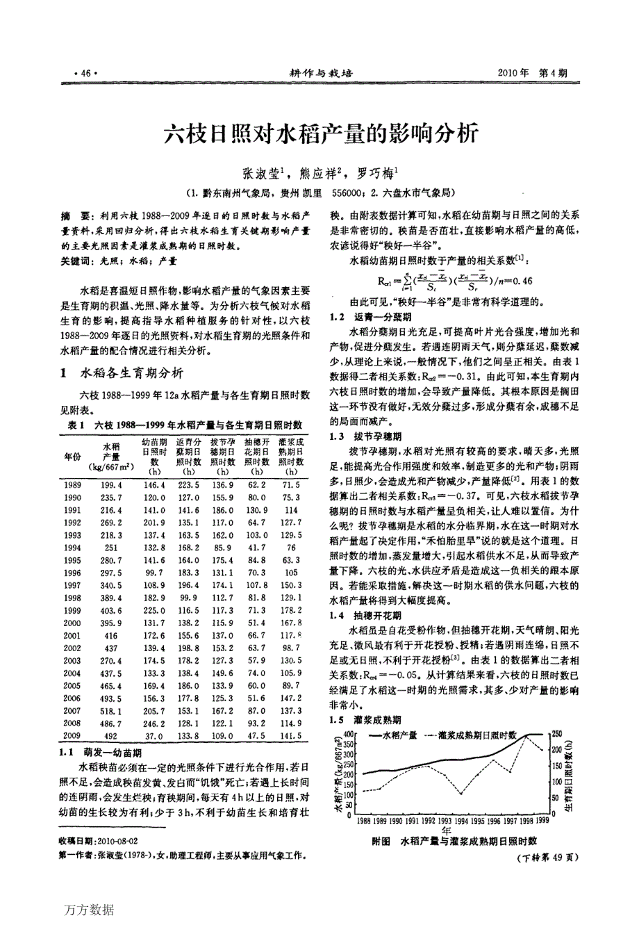 六枝日照对水稻产量的影响分析_第1页