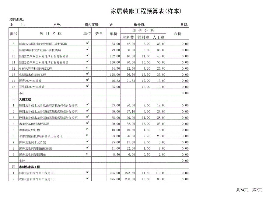 室内装饰工程预算表(样本)_第2页