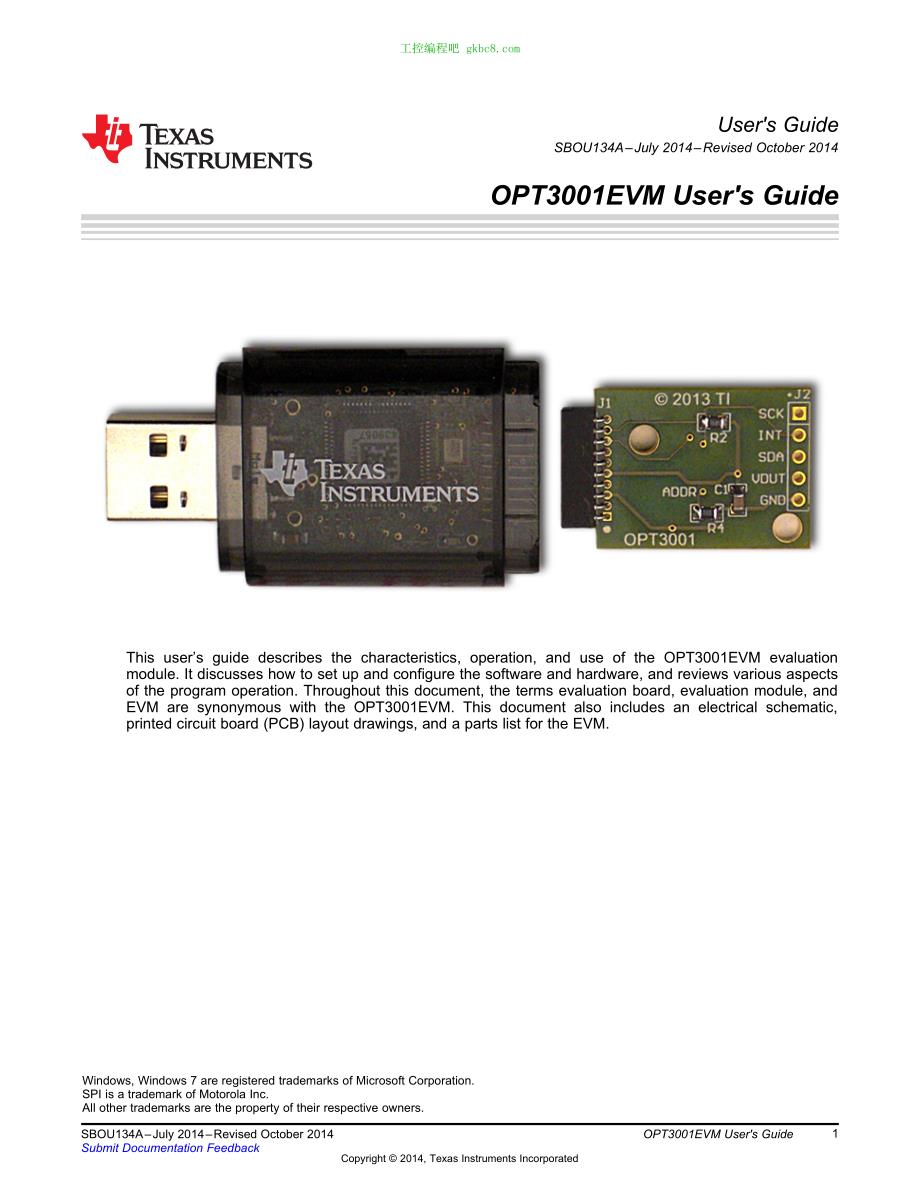 德州仪器OPT3001EVM用户手册编程手册英文版_第1页