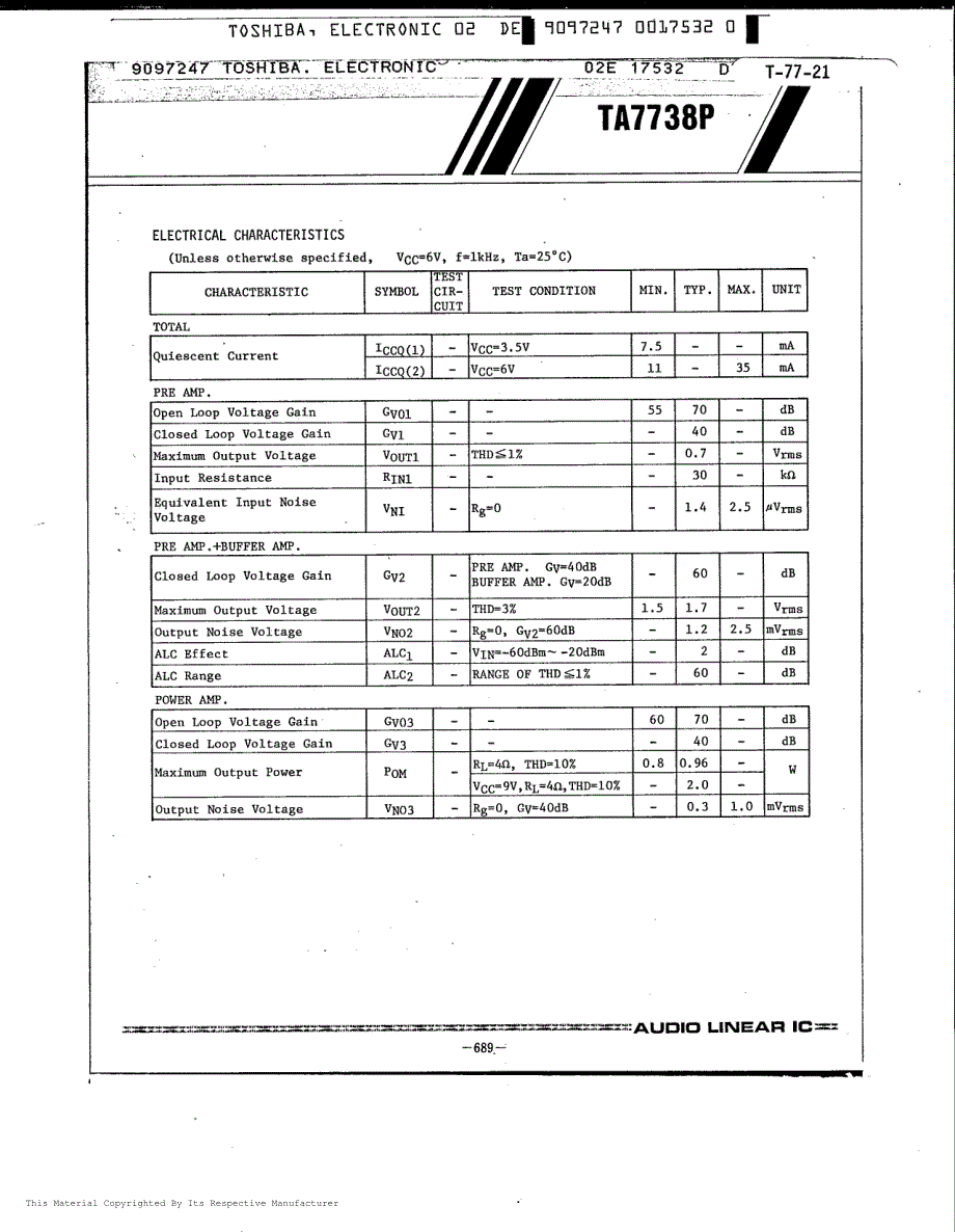 〖单放机芯片资料〗TA7738P_第2页