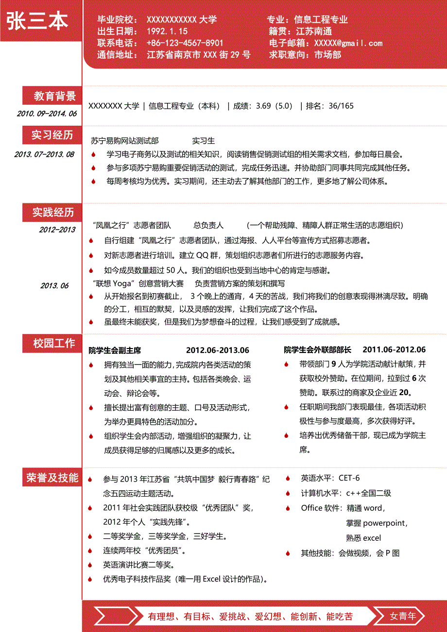 【简历模板】红白色 罗列式 1页式.doc_第1页