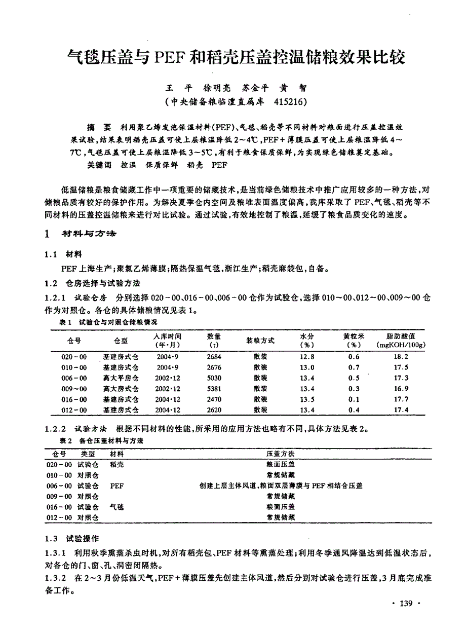 气毯压盖与PEF和稻壳压盖控温储粮效果比较_第1页