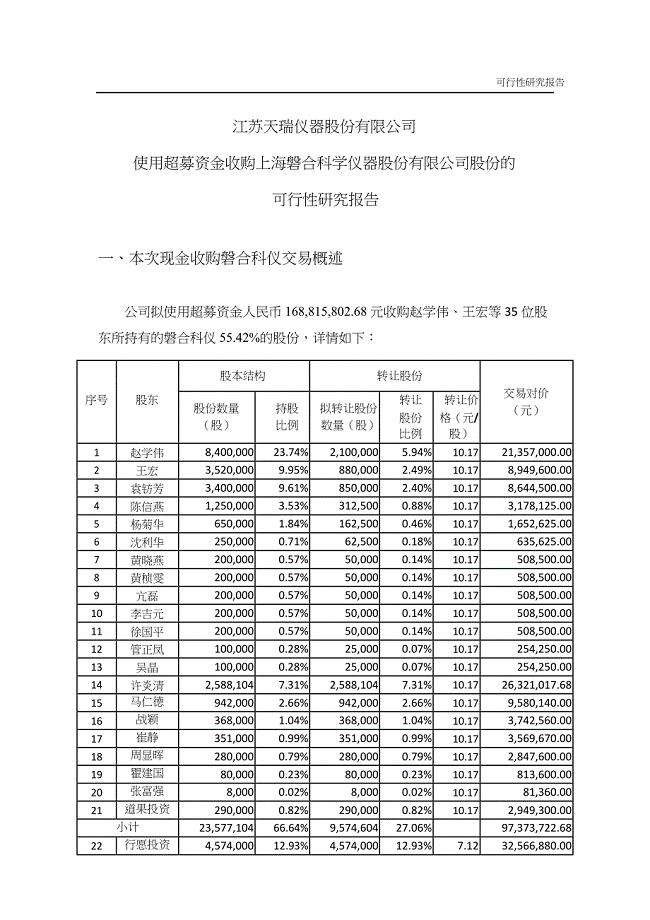 天瑞仪器：使用超募资金收购上海磐合科学仪器股份有限公司股份的可行性研究报告 