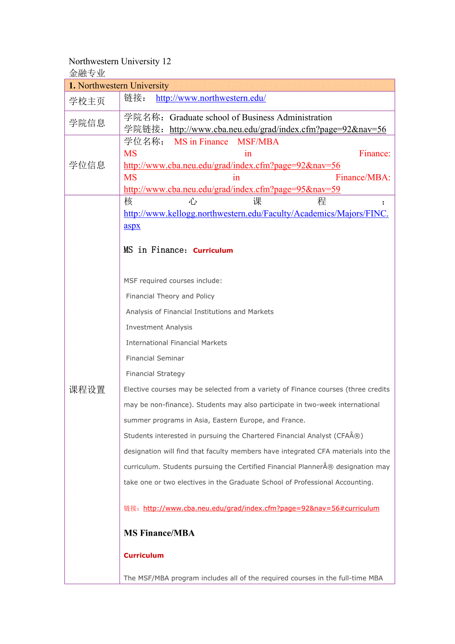 留学选校（金融）Northwestern University_第1页