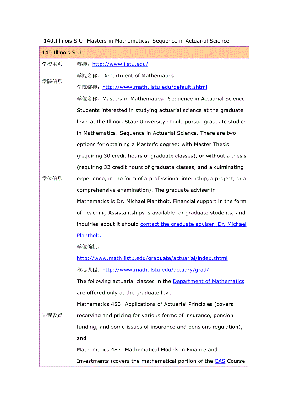 留学选校（精算）Illinois S U Masters in Mathematics：Sequence in Actuarial Science_第1页