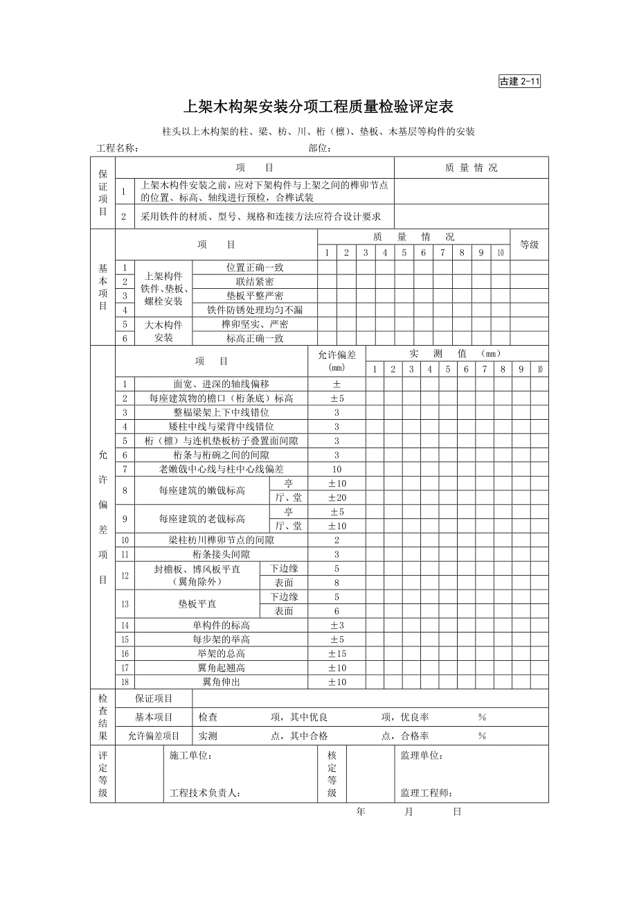 上架木构架安装分项工程质量检验评定表（园林绿化－技术资料）_第1页