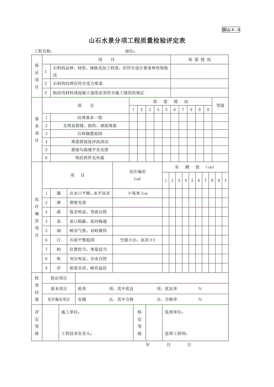 山石水景分项工程质量检验评定表（园林绿化－技术资料）_第1页