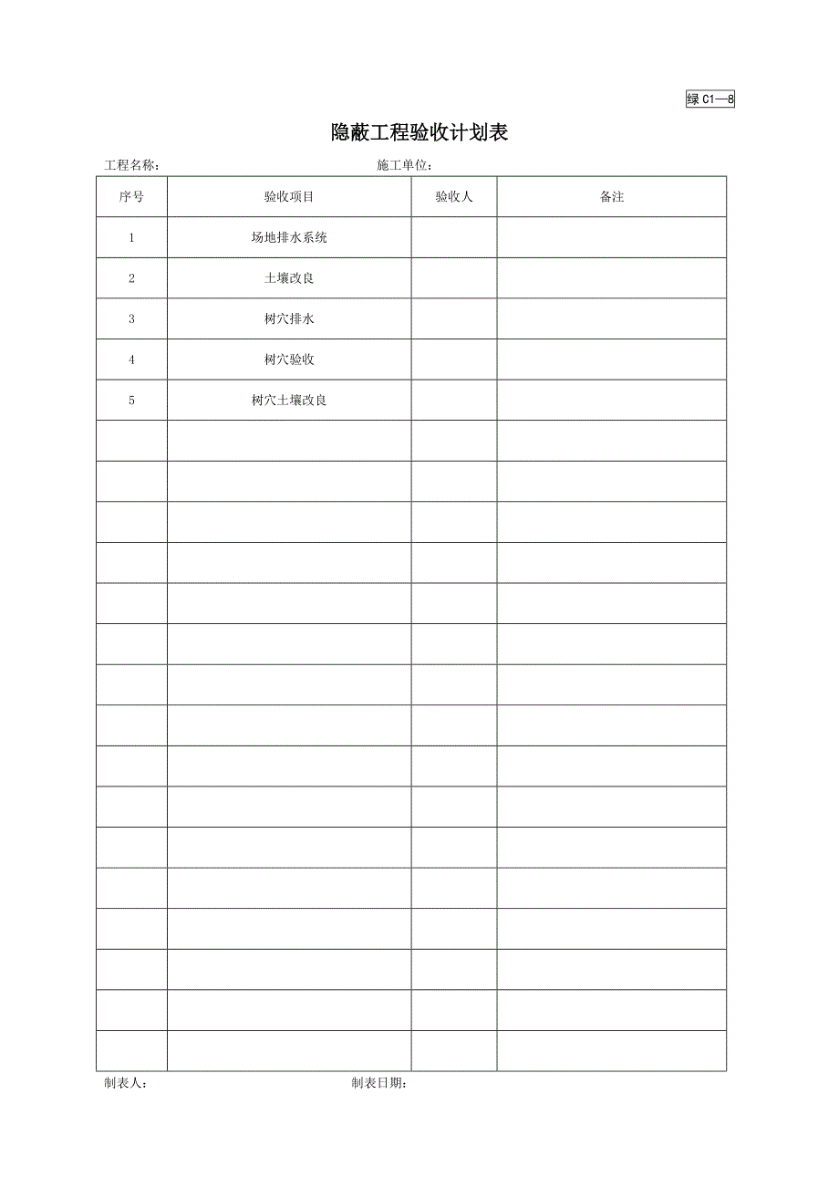 隐蔽工程验收计划表（园林绿化－技术资料）_第1页