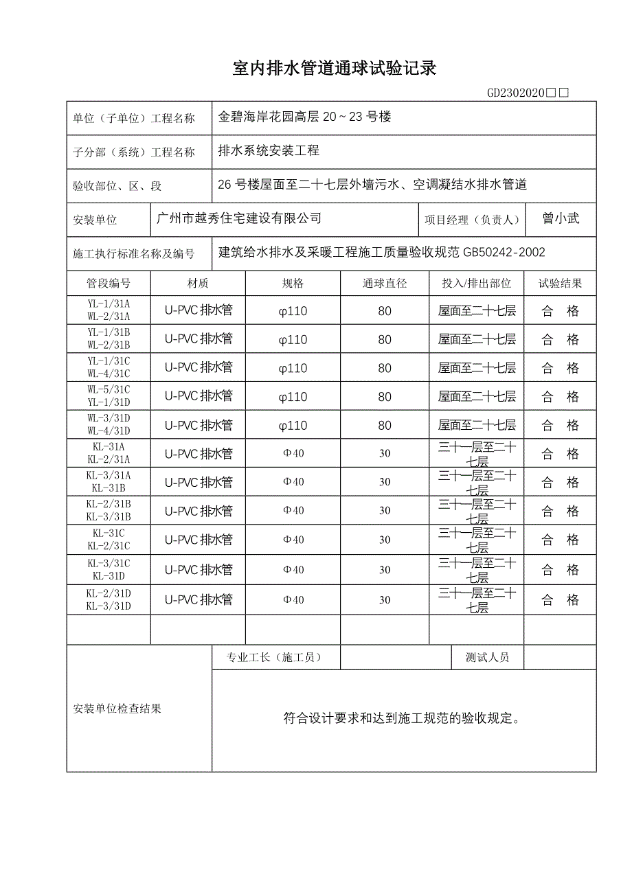 室内排水管道通球试验记录－水电填写范例_第1页