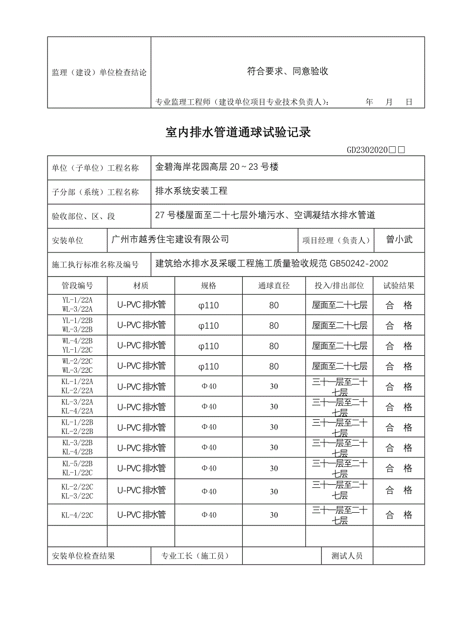 室内排水管道通球试验记录－水电填写范例_第2页