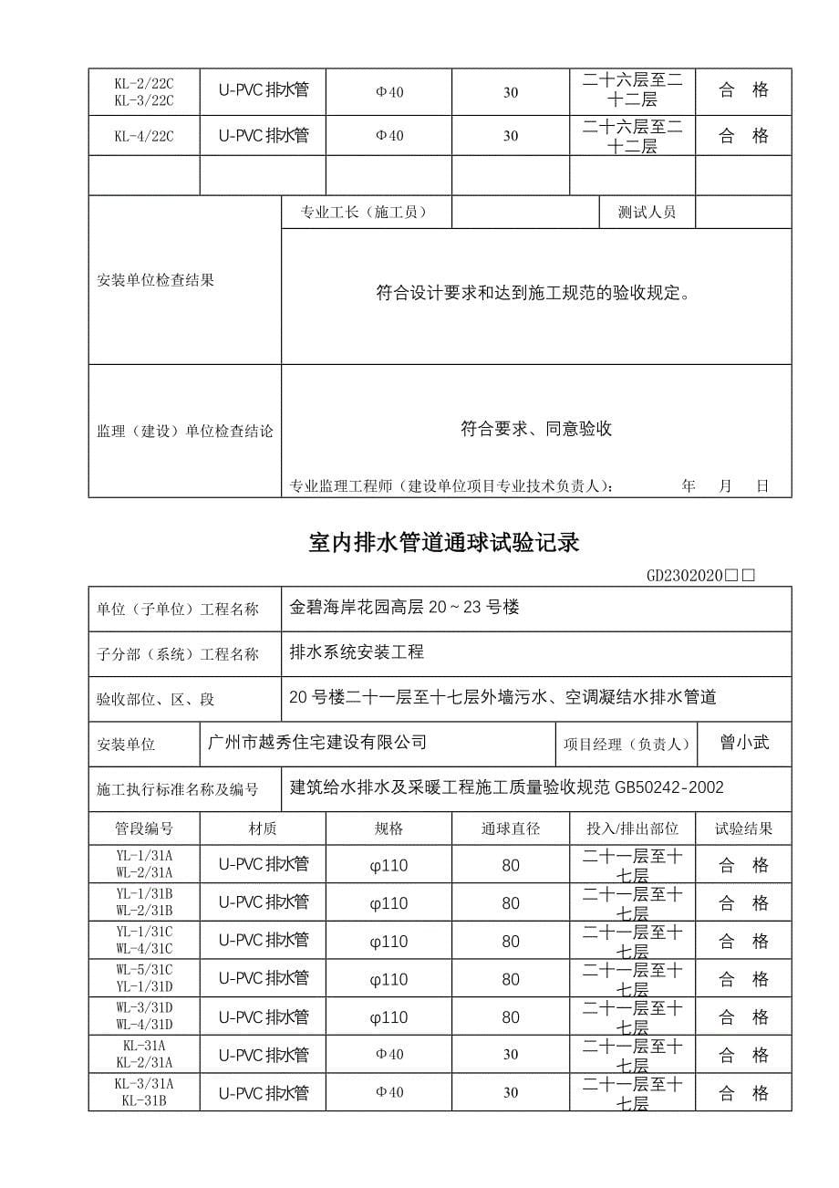 室内排水管道通球试验记录－水电填写范例_第5页