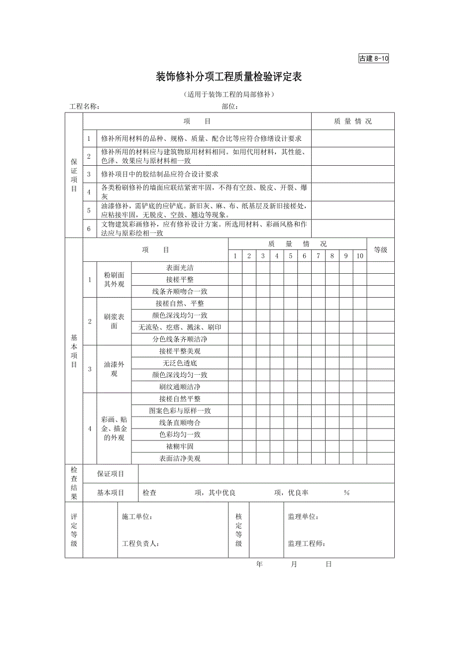 装饰修补分项工程质量检验评定表（园林绿化－技术资料）_第1页