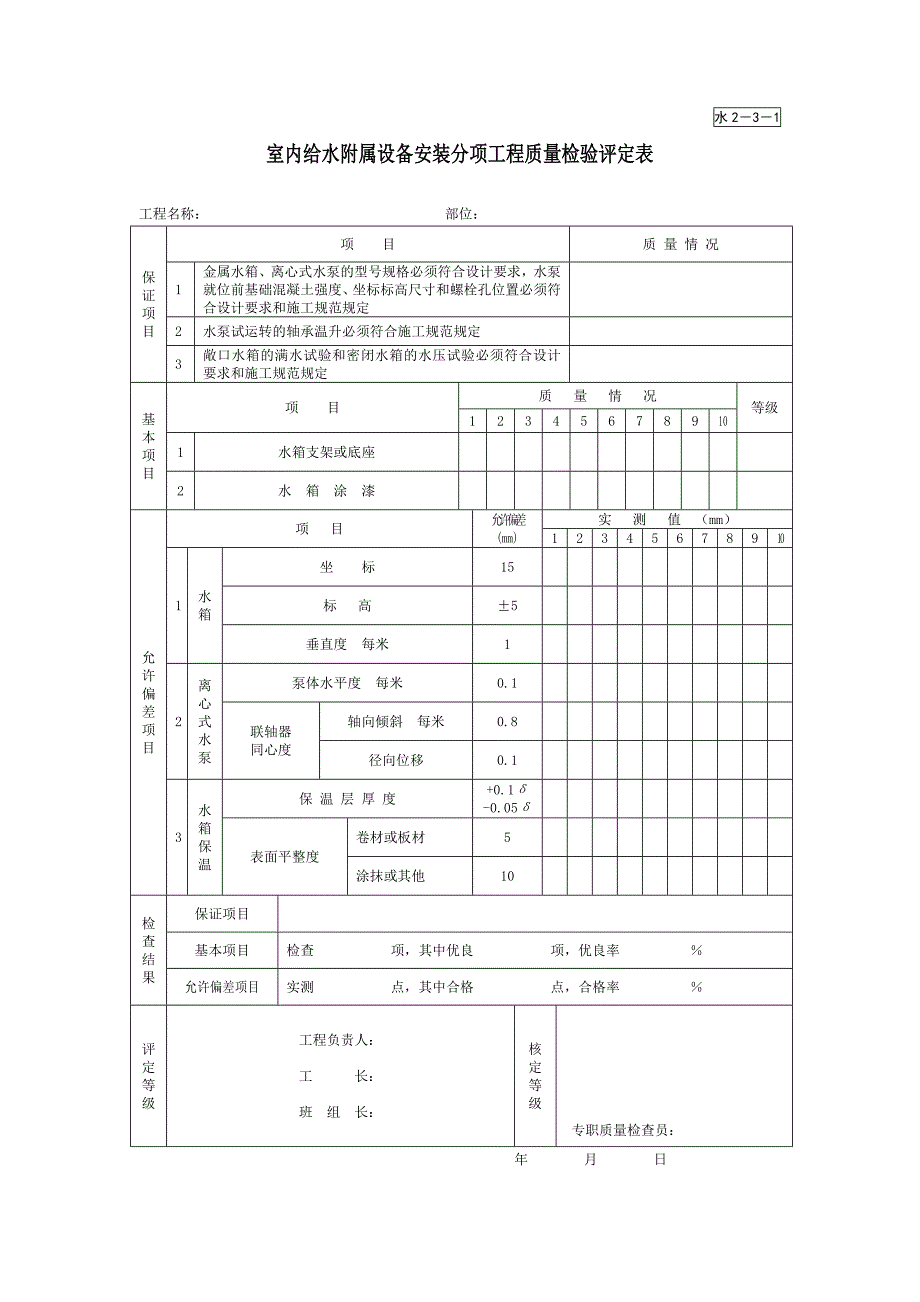 室内给水附属设备安装分项工程质量检验评定表（园林绿化－技术资料）_第1页