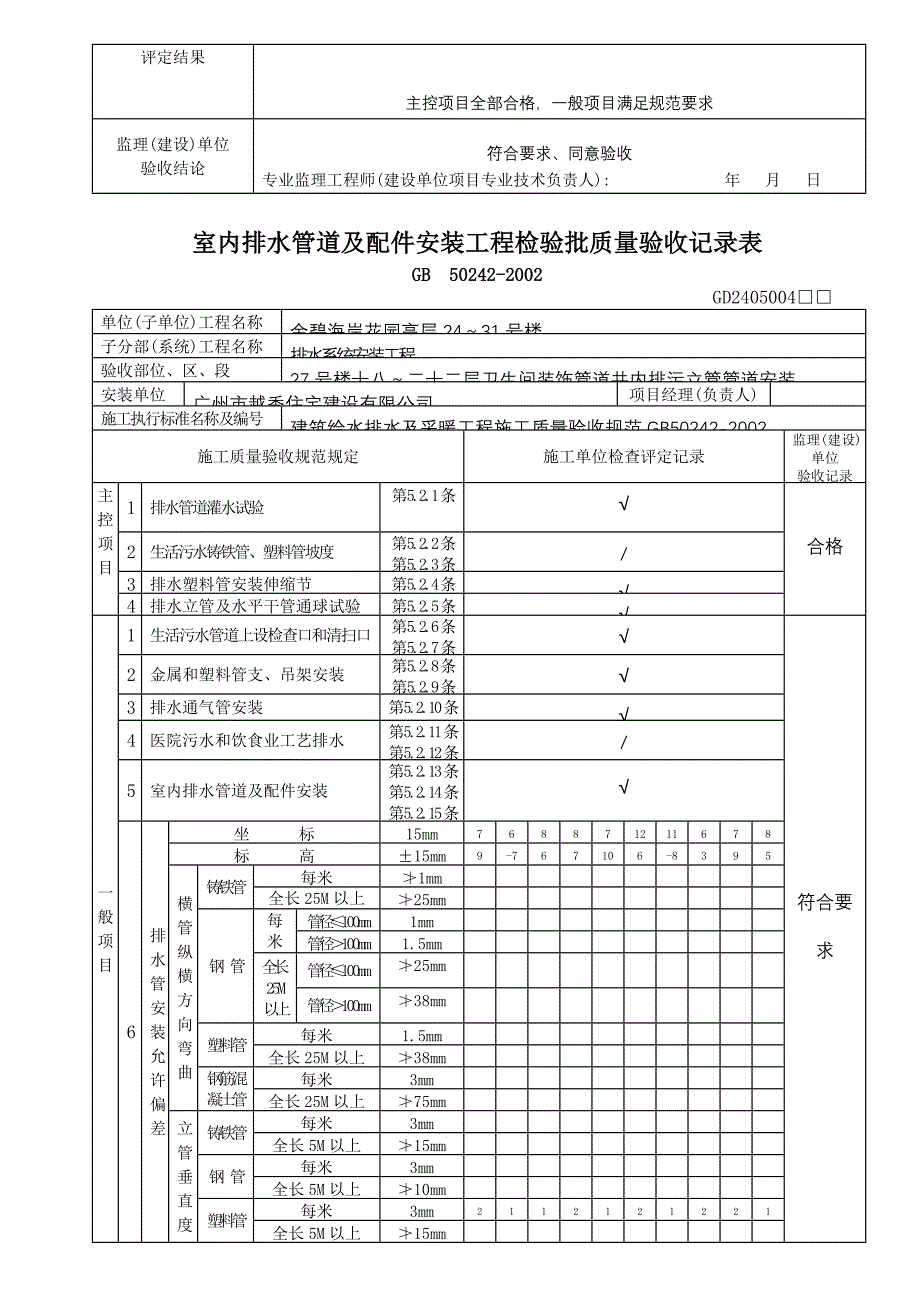 室内排水管道及配件安装检验批质量验收记录表－水电填写范例_第4页