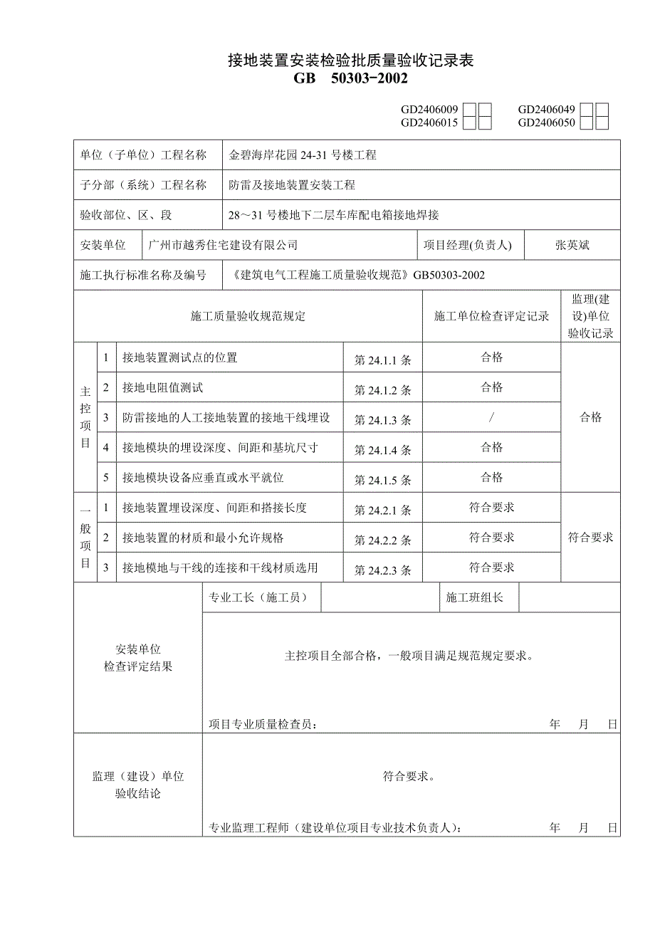 GD2406009接地装置安装检验批质量验收记录表－水电填写范例_第1页