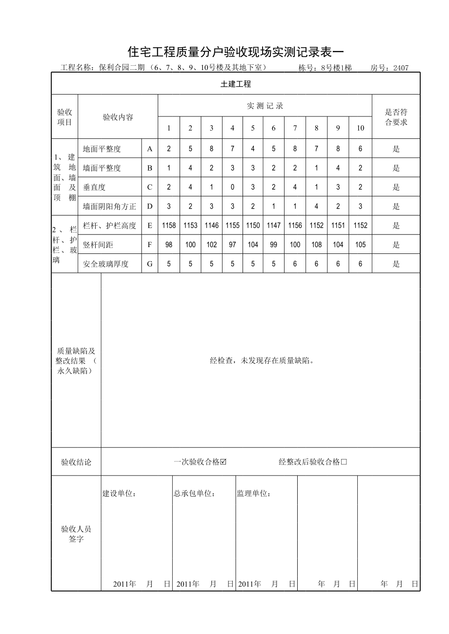 住宅工程质量分户验收现场实测记录表一_第3页