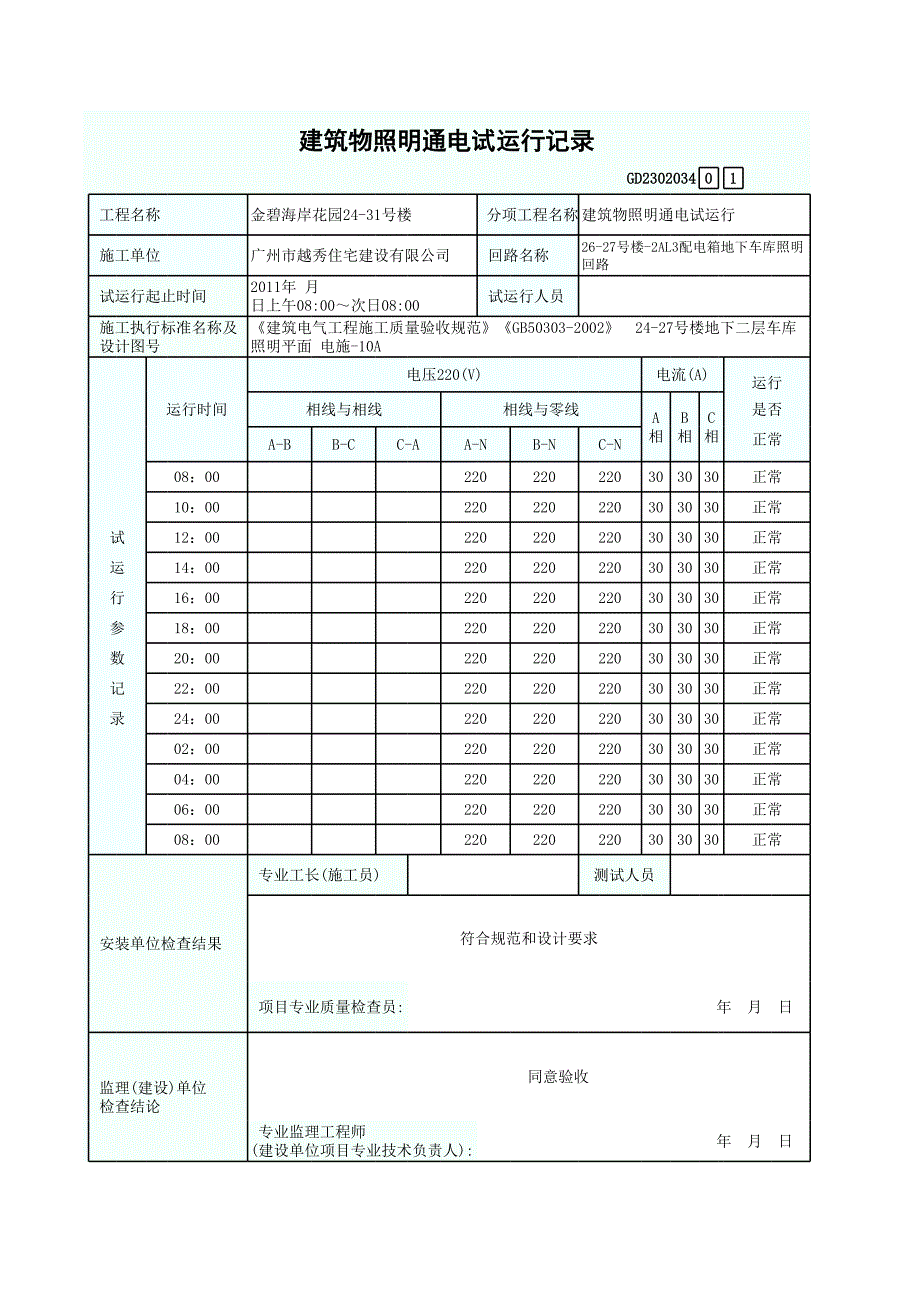 建筑物通电试运行记录－水电填写范例_第1页