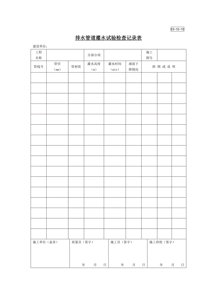 排水管道灌水试验检查记录表（园林绿化－技术资料）_第1页