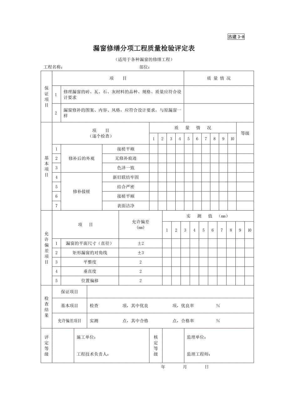 漏窗修缮分项工程质量检验评定表（园林绿化－技术资料）_第1页