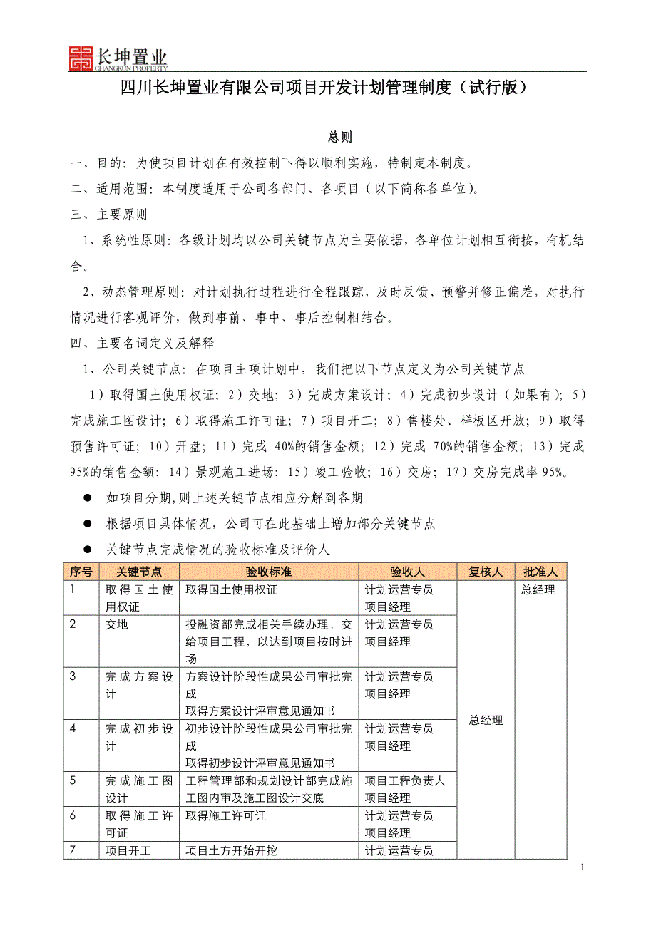 四川长坤置业有限公司项目开发计划管理制度（试行）_第1页