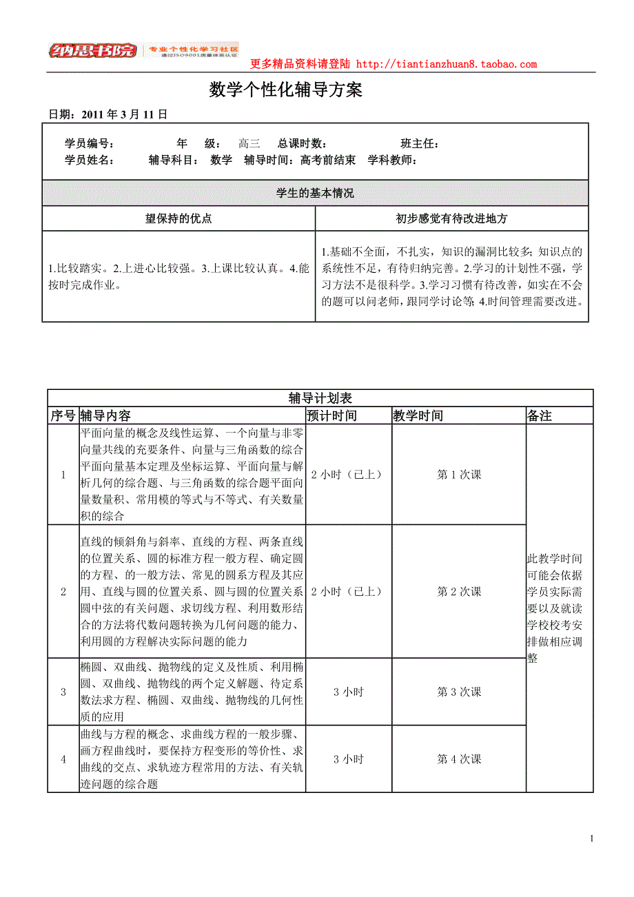 数学一对一个性化辅导方案_第1页