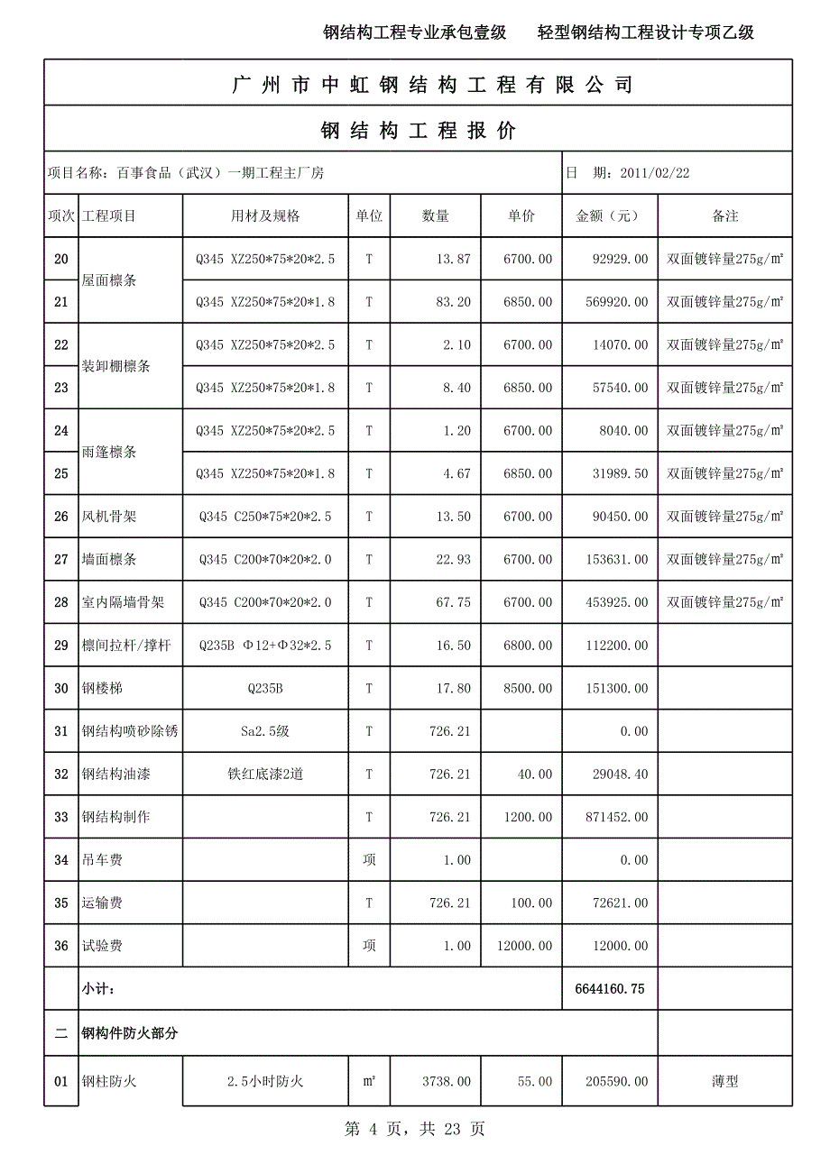 钢结构成本报价表_第4页