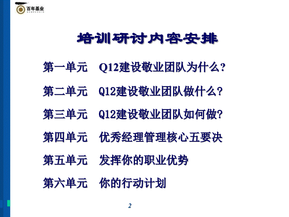 百年基业管理顾问有限公司管好12个问题-打造Q12敬业团队培训教材（PPT 78页）_第2页