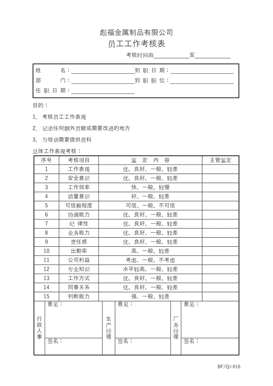 鹤山彪福金属制品有限公司－员工工作考核表_第1页