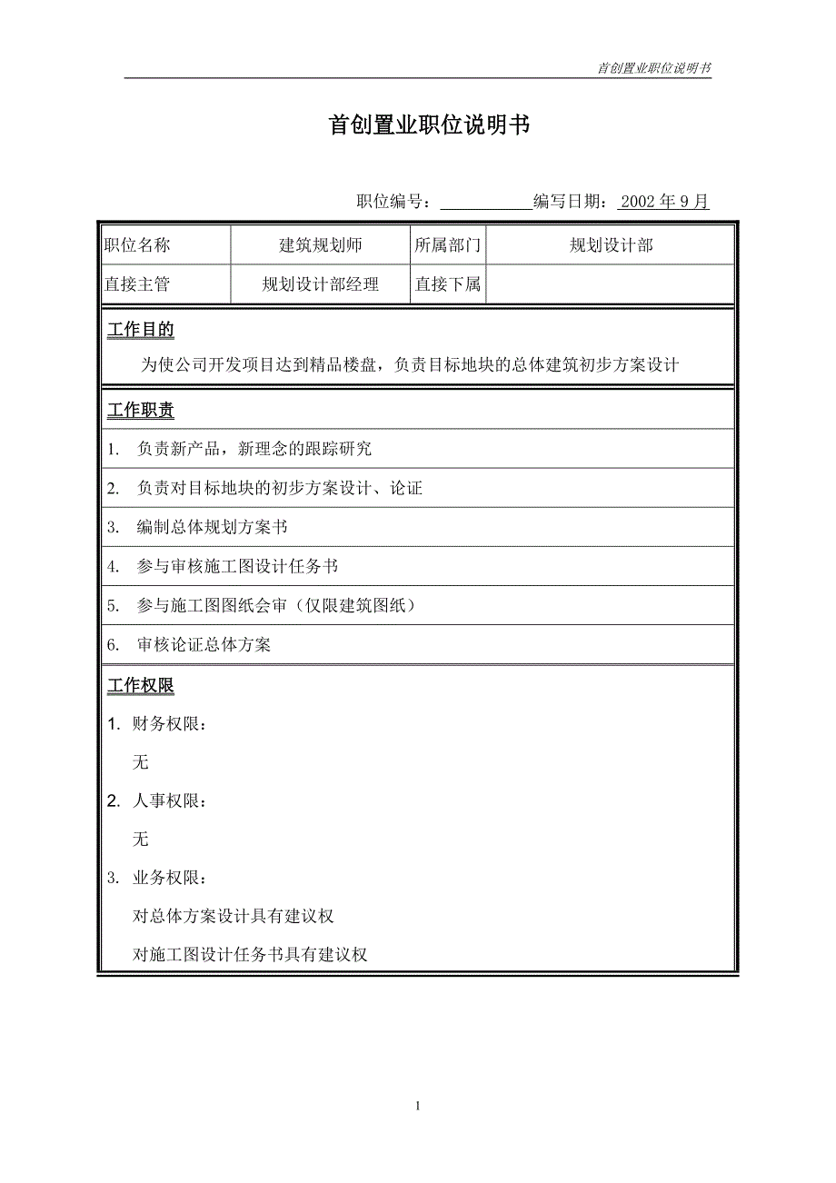 首创集团HR报告（翰威特）职位说明书-建筑规划_第1页